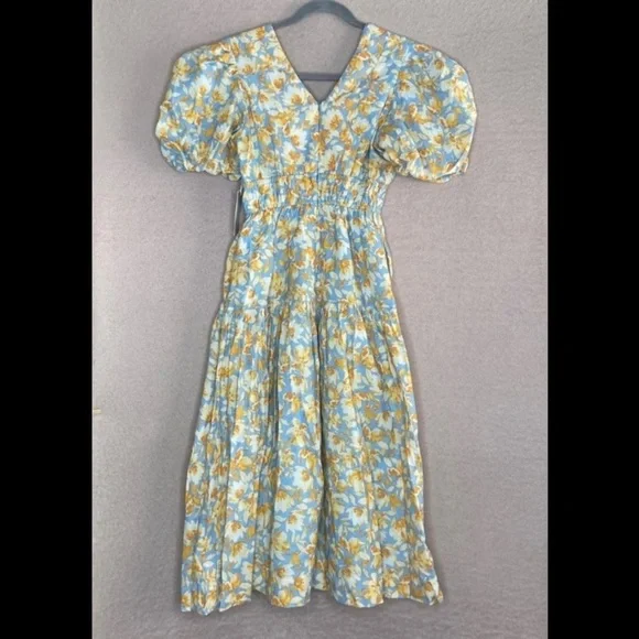 NEW Tuckernuck Puff Sleeve Midi Dress Women XXS Blue/Orange Floral HyacinthHouse - Picture 4 of 11